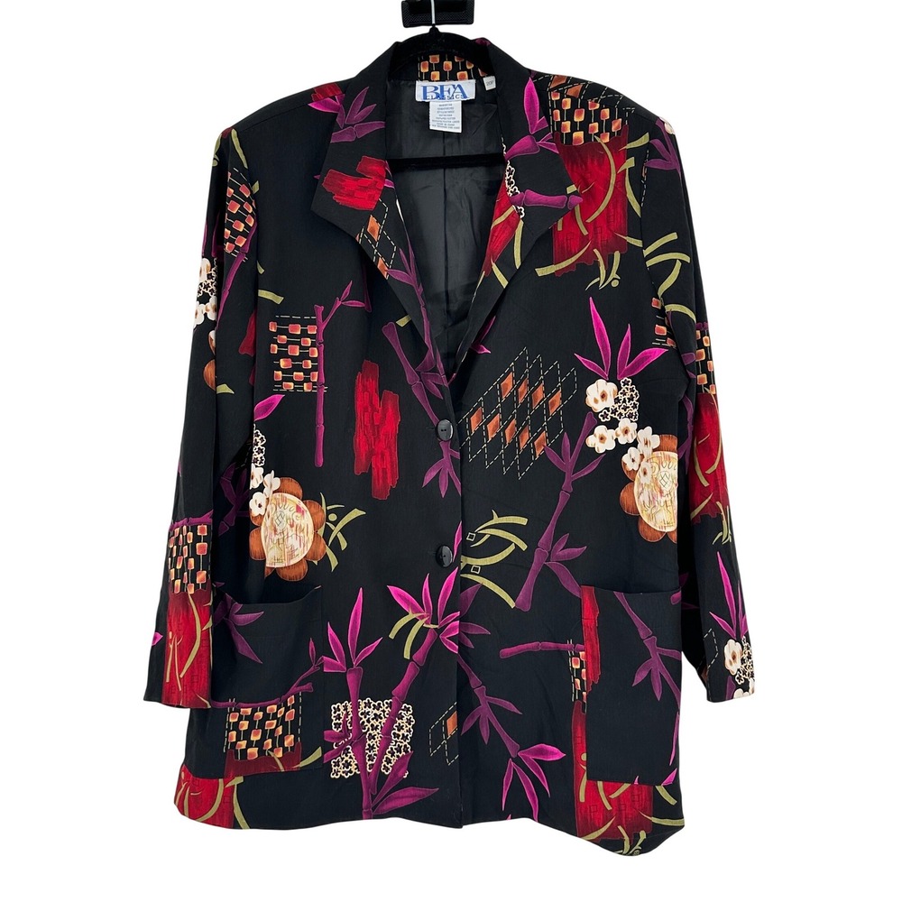 BFA Classics Womens VTG Abstract Fairy Bamboo Floral Blazer‎ Jacket Black 20P
